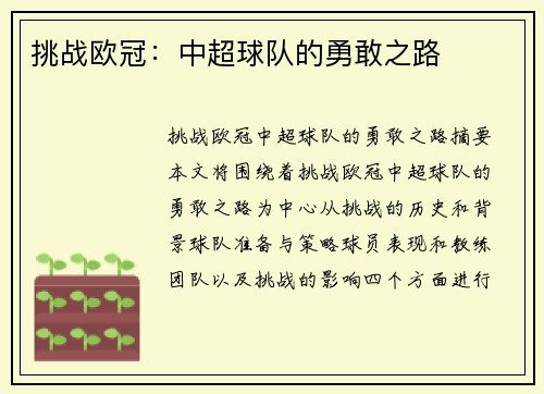挑战欧冠：中超球队的勇敢之路